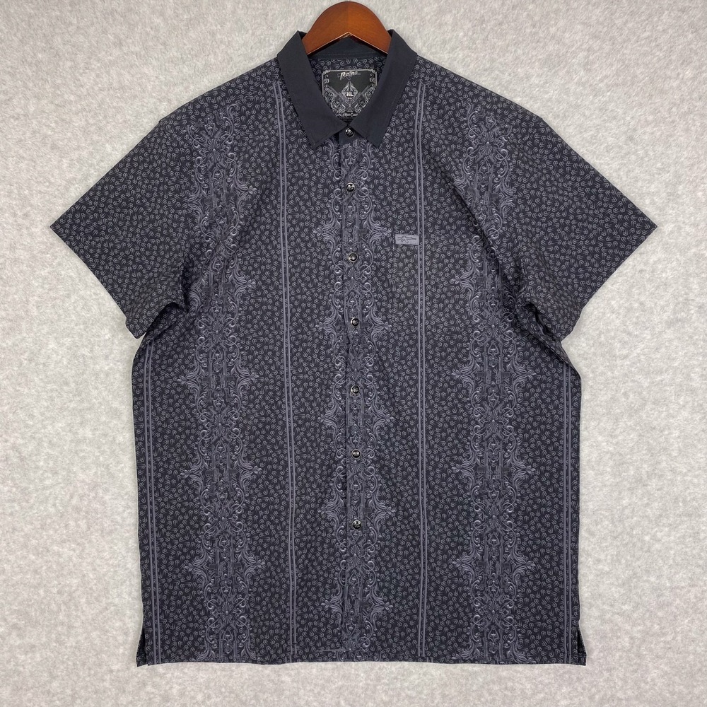 Retro Rifle Shirt Mens XL Black High Class Button Down Pearl Snap All Over Print